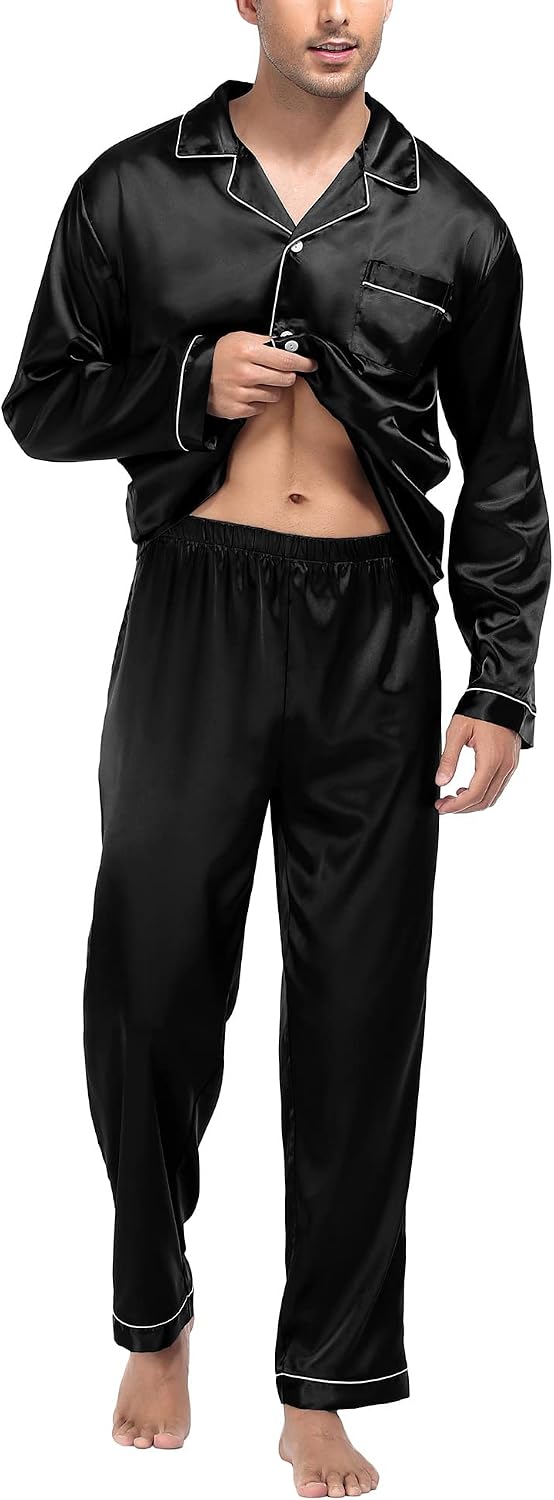 Men's Silk Satin Long-Sleeve Button-Down Pajama Set