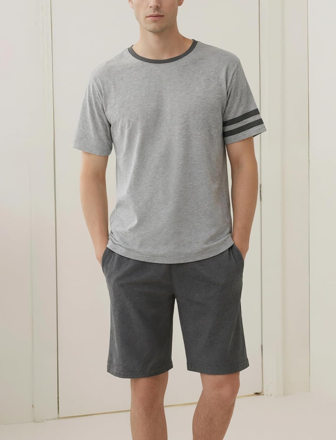 Men's Summer Pajama Set (Short-sleeve top & plaid shorts, lightweight & soft, with pockets)