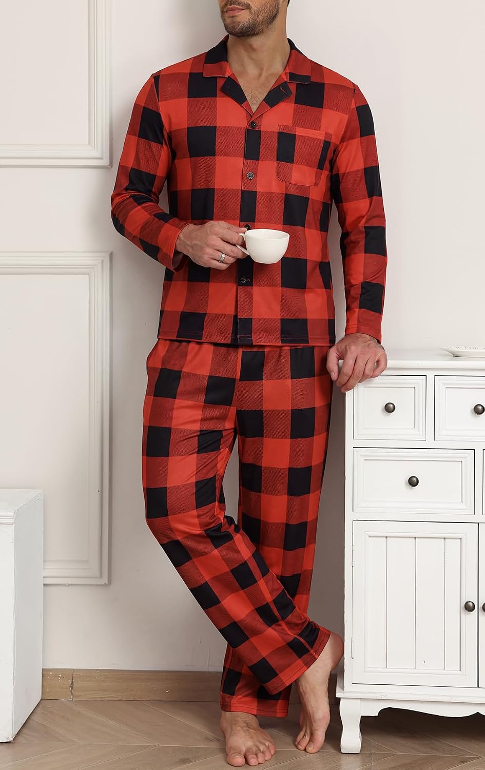 Men's Plaid Long-Sleeve Top Button-down casual pajama set