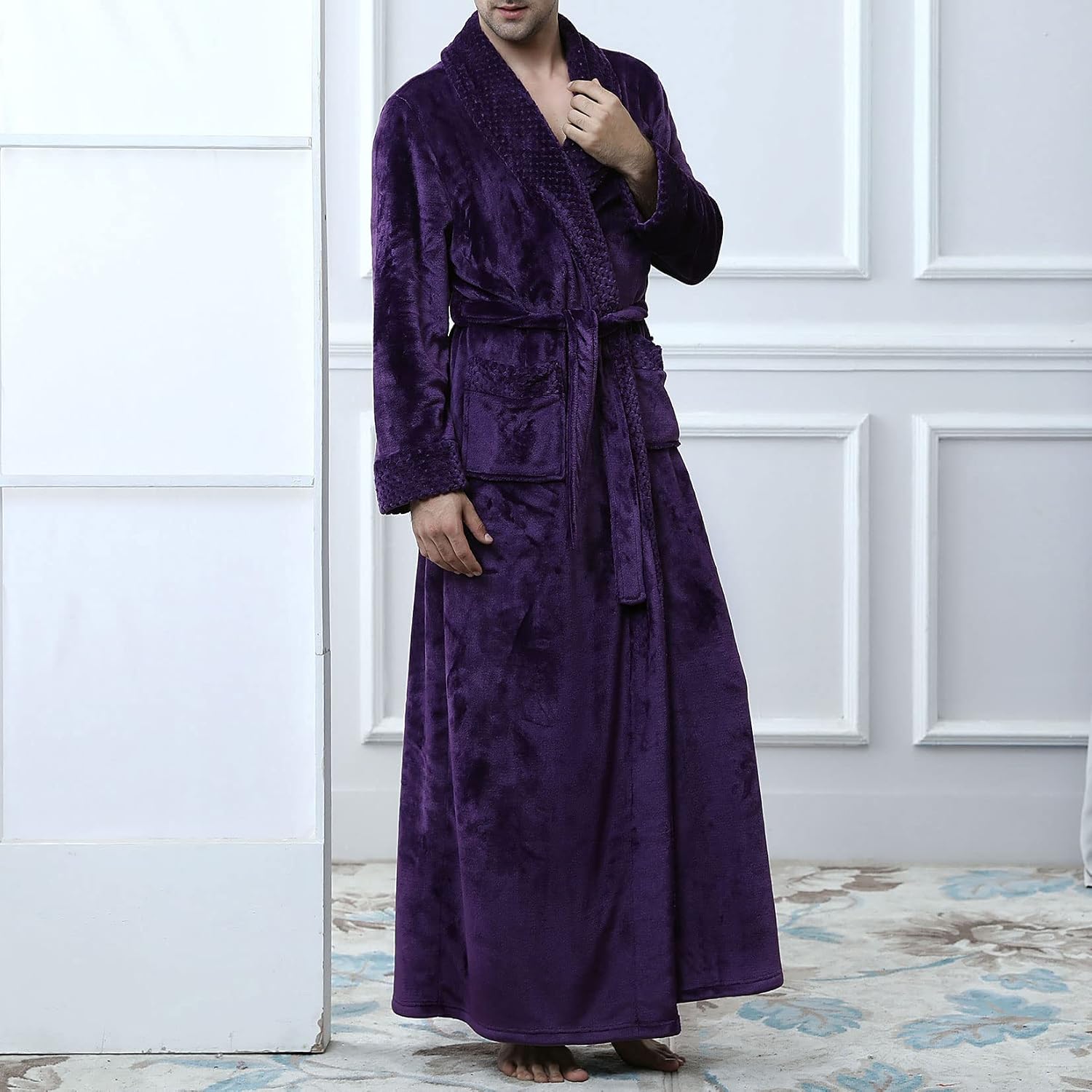 Men's Long-Sleeve Plush Bathrobe With Pockets (Fluffy, Ideal For Winter Bathing)