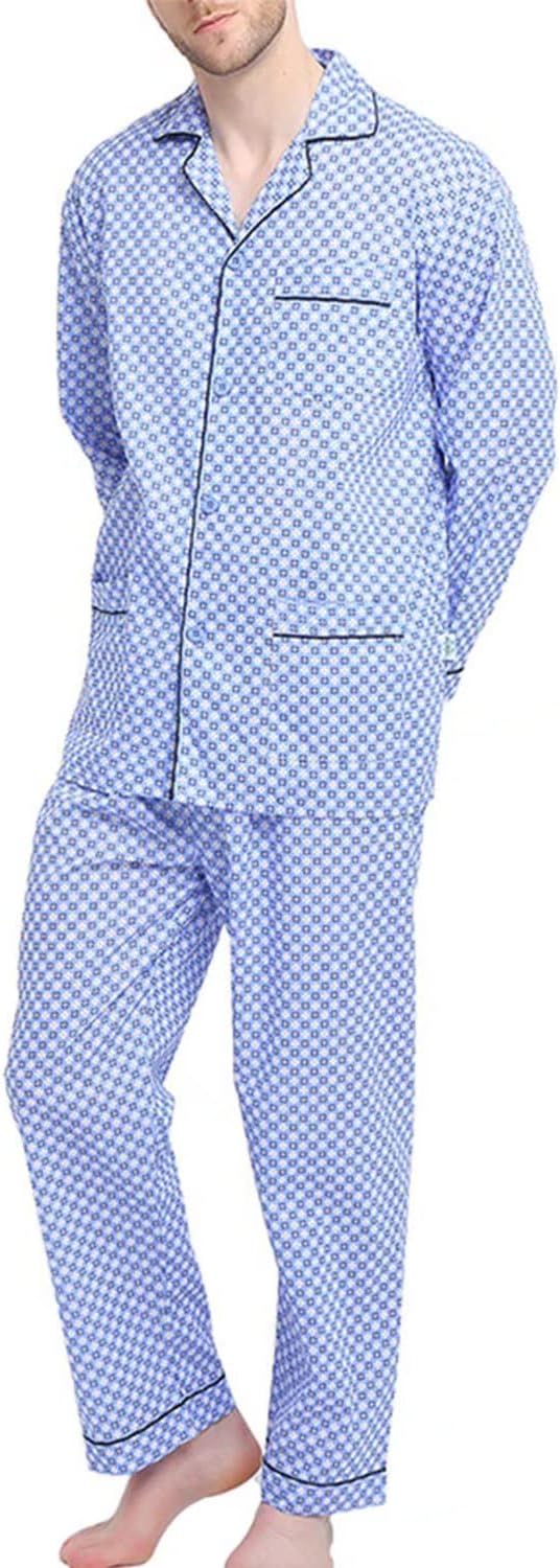 Men's 100% Cotton Long-Sleeve Button-Down Pajama Set (Soft and Comfortable)