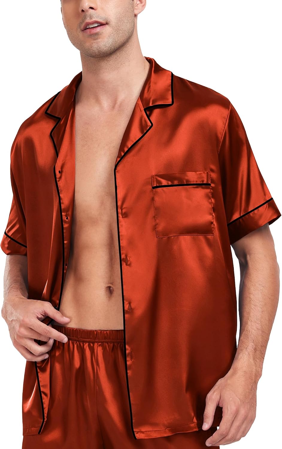 Men's Satin Pajama Set (Short-sleeve, button-down top, with pockets, 2-piece set)