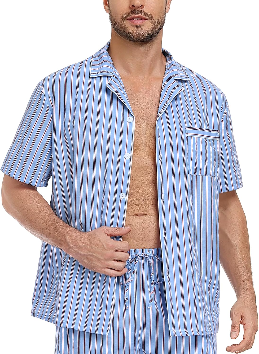 Men's Cotton Pajama Set (2-piece set: short-sleeve button-down top + shorts, with pockets, soft striped style)