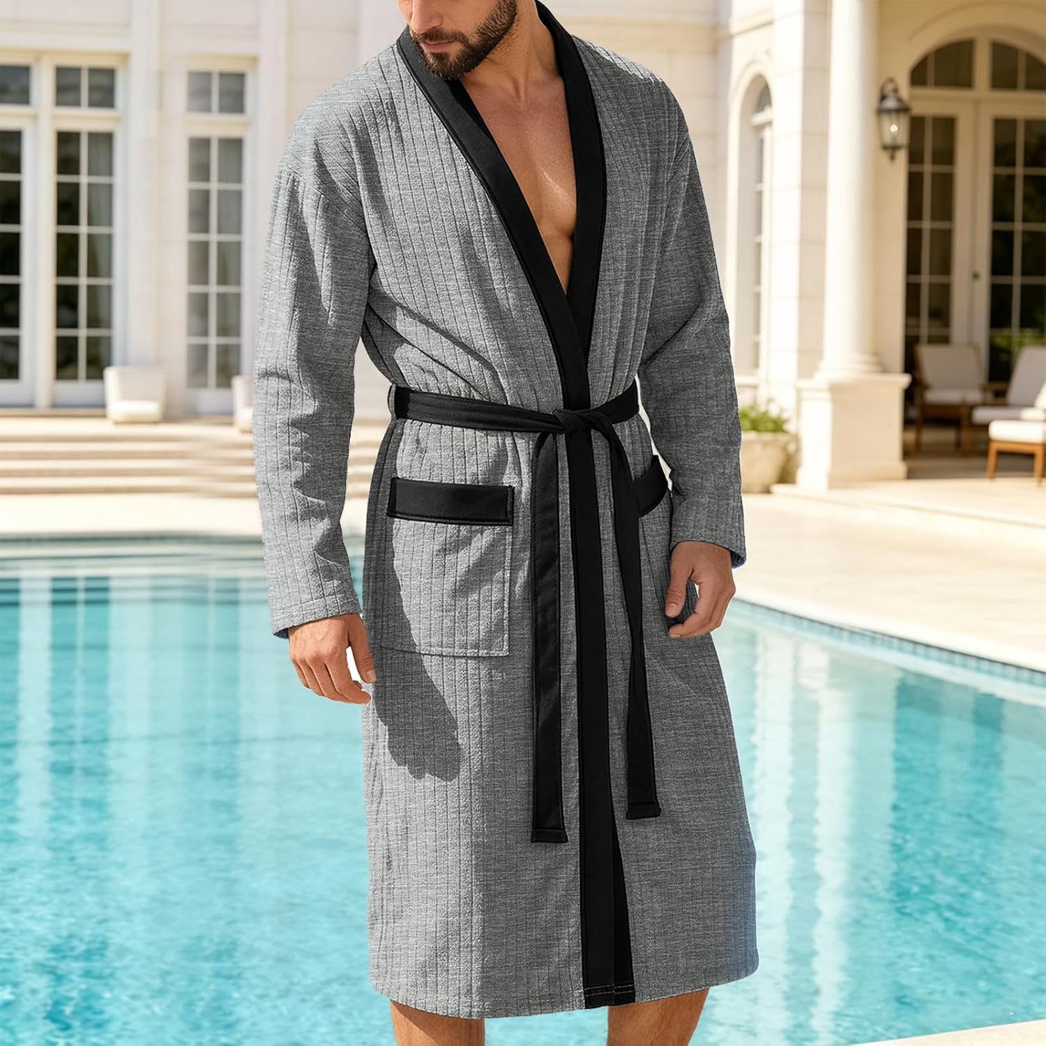 Men's Lightweight Summer Bathrobe (Mid-Length, Soft, Long-Sleeve Kimono Style With Pockets)
