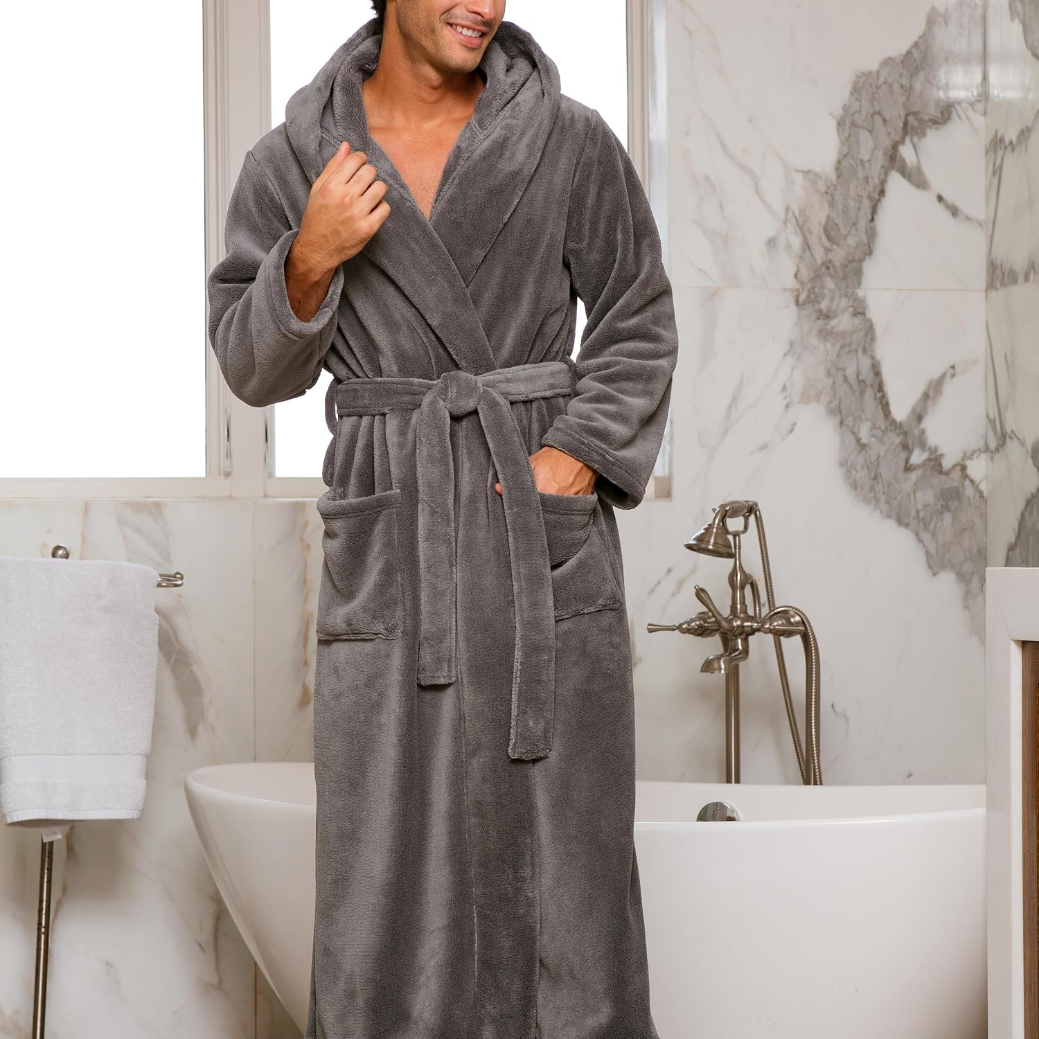 Men's Long Plush Fleece Bathrobe With Hood And Pockets